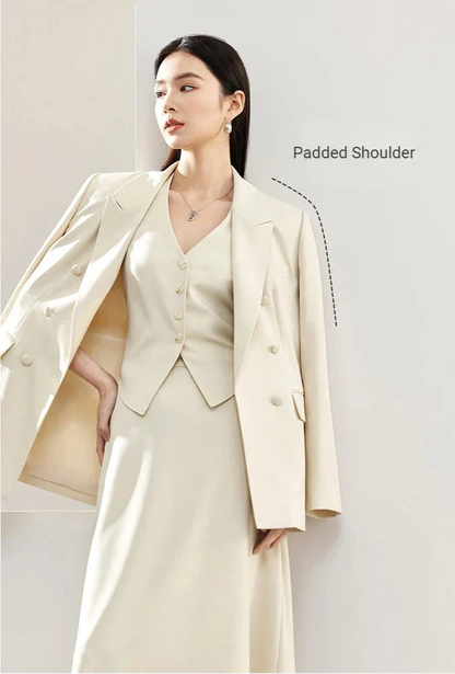 3-Piece Blazer Vest & Maxi Skirt Suit Set – Elegant Officewear Ensemble