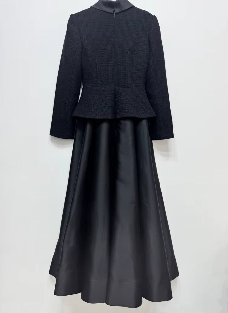 French Retro Patchwork Black Long Dress