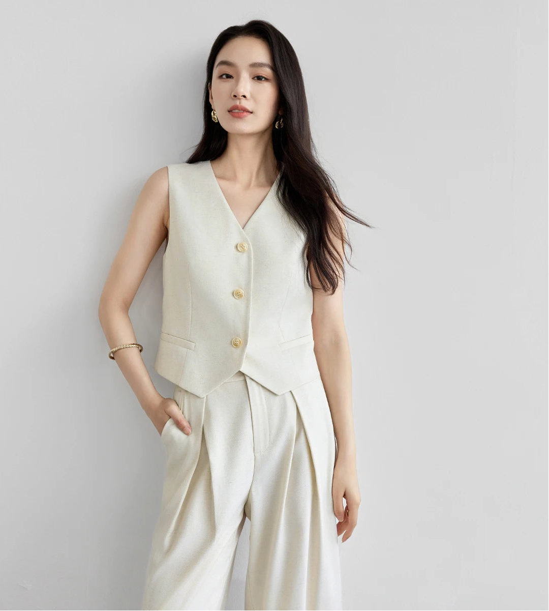 Linen Blend Crop Vest & High-Waist Wide-Leg Pant Set