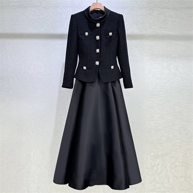 French Retro Patchwork Black Long Dress