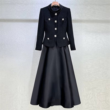 French Retro Patchwork Black Long Dress