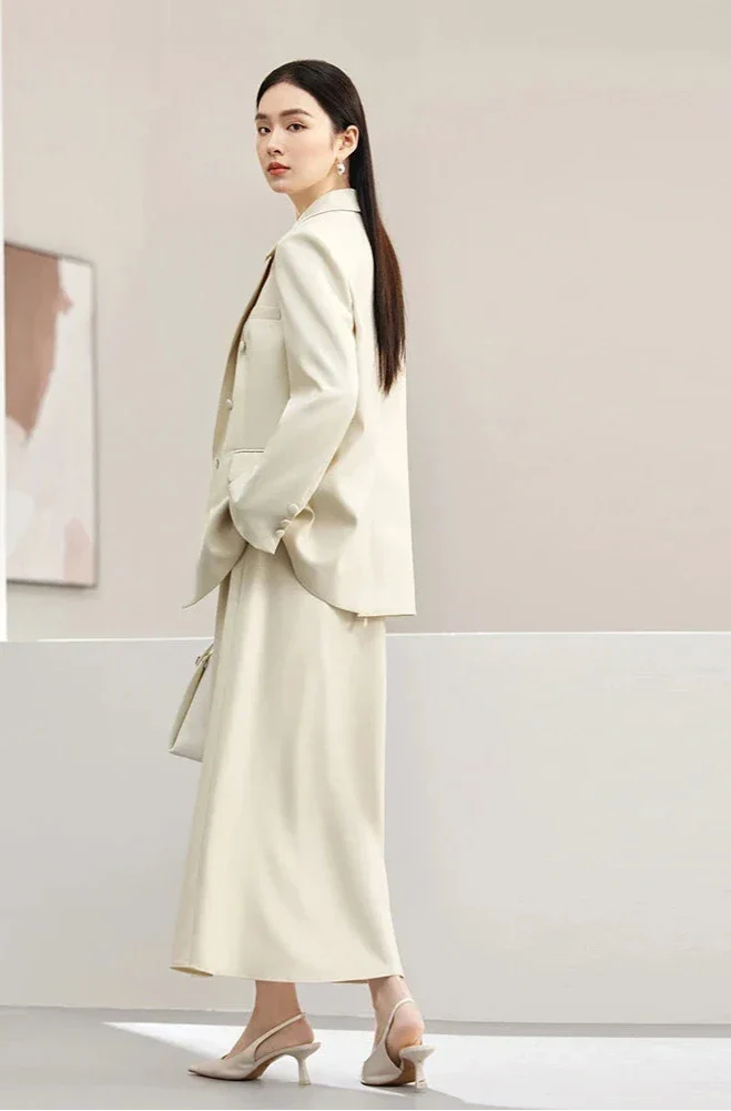 3-Piece Blazer Vest & Maxi Skirt Suit Set – Elegant Officewear Ensemble