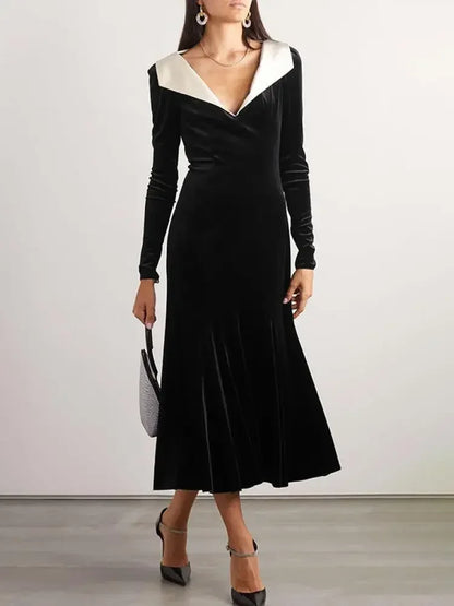 Black Velvet Maxi Dress – A-Line, Long Sleeve, Deep V-Neck