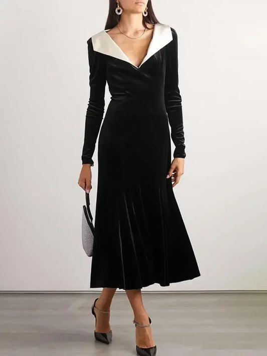 Black Velvet Maxi Dress – A-Line, Long Sleeve, Deep V-Neck