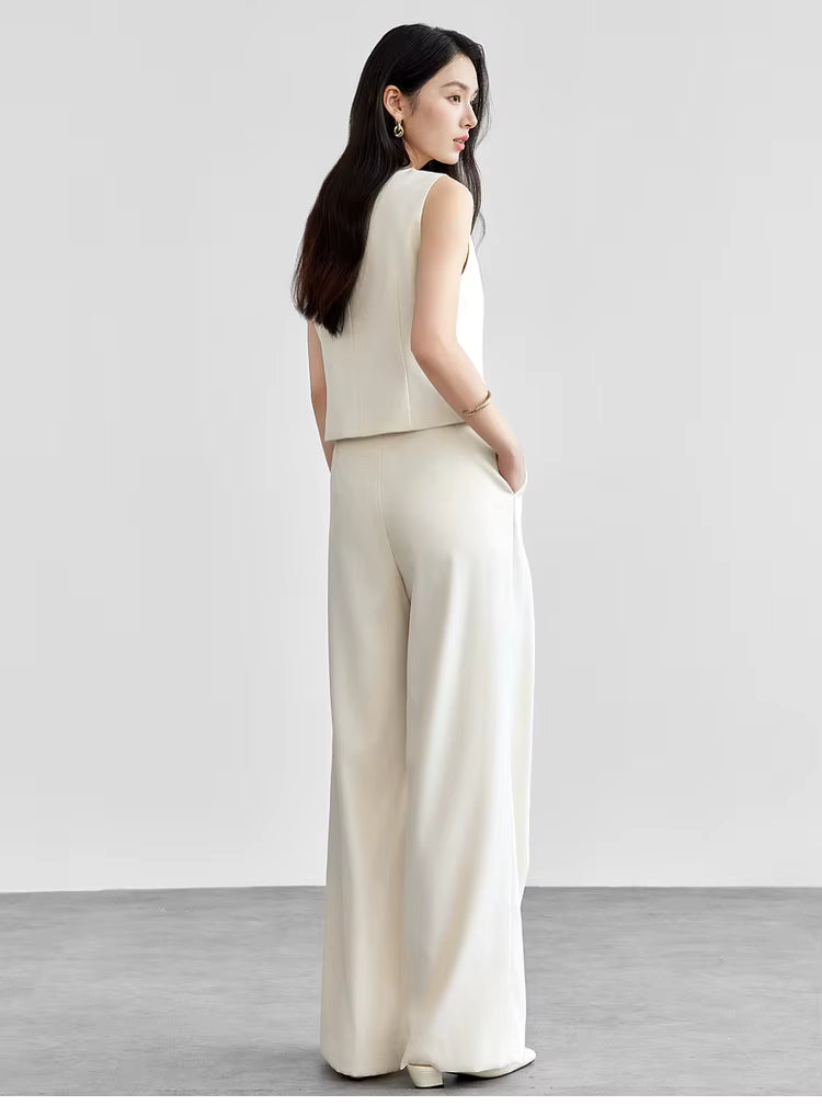 Linen Blend Crop Vest & High-Waist Wide-Leg Pant Set