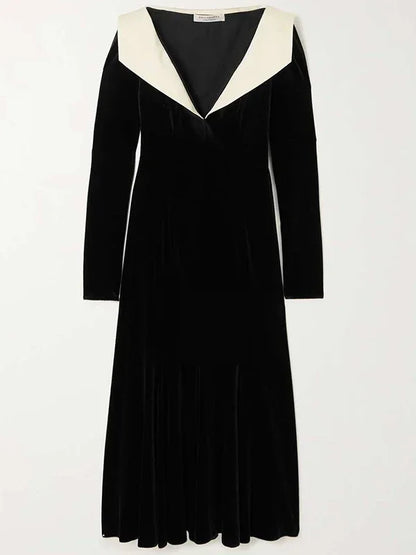 Black Velvet Maxi Dress – A-Line, Long Sleeve, Deep V-Neck