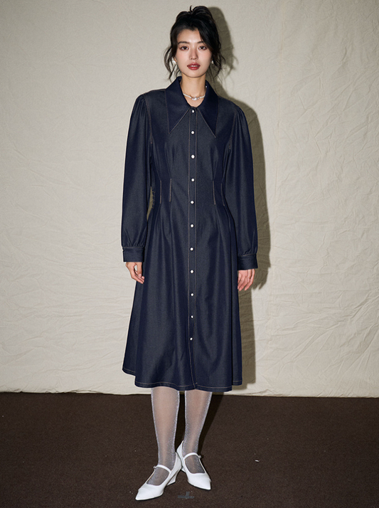 Button-Up Collar Detail Denim Dress – Classic & Timeless A-Line Style