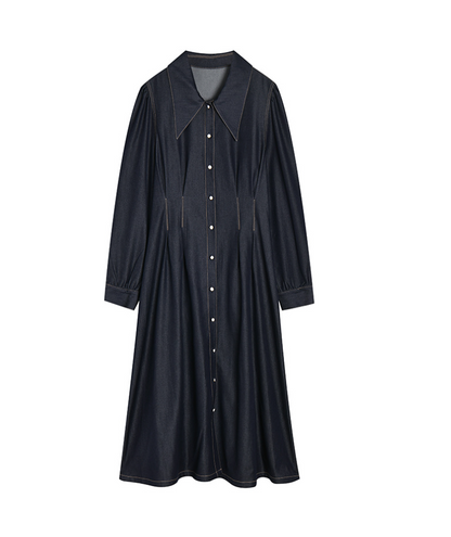 Button-Up Collar Detail Denim Dress – Classic & Timeless A-Line Style