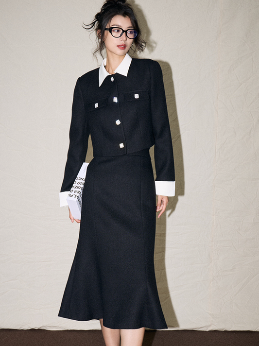 Elegant Contrast-Trim Mermaid Skirt Blazer Set