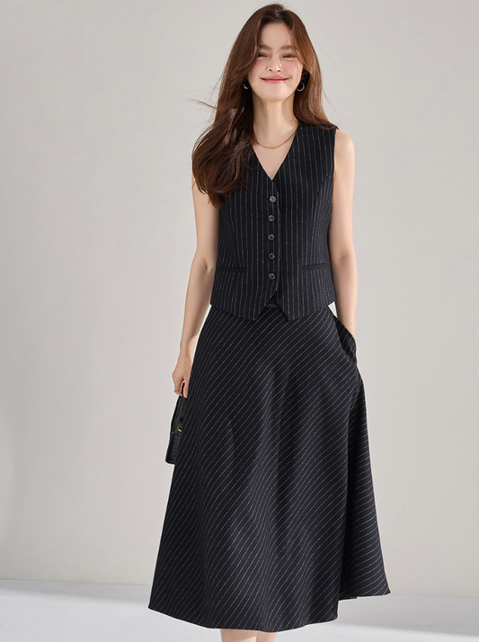 Classic French Style Pinstripe Vest & High-Waisted Skirt Set