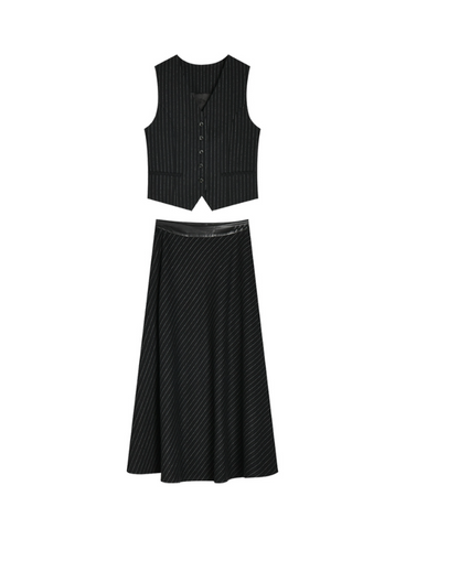 Classic French Style Pinstripe Vest & High-Waisted Skirt Set
