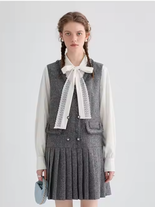 Preppy Pleated Midi Dress with Blouse – 2-Piece Set