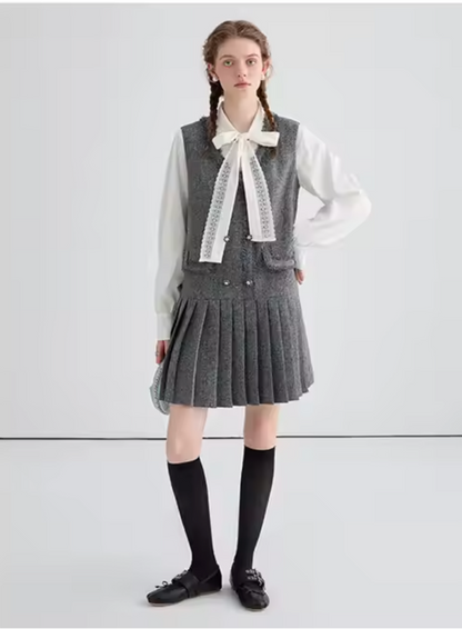 Preppy Pleated Midi Dress with Blouse – 2-Piece Set