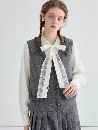 Preppy Pleated Midi Dress with Blouse – 2-Piece Set