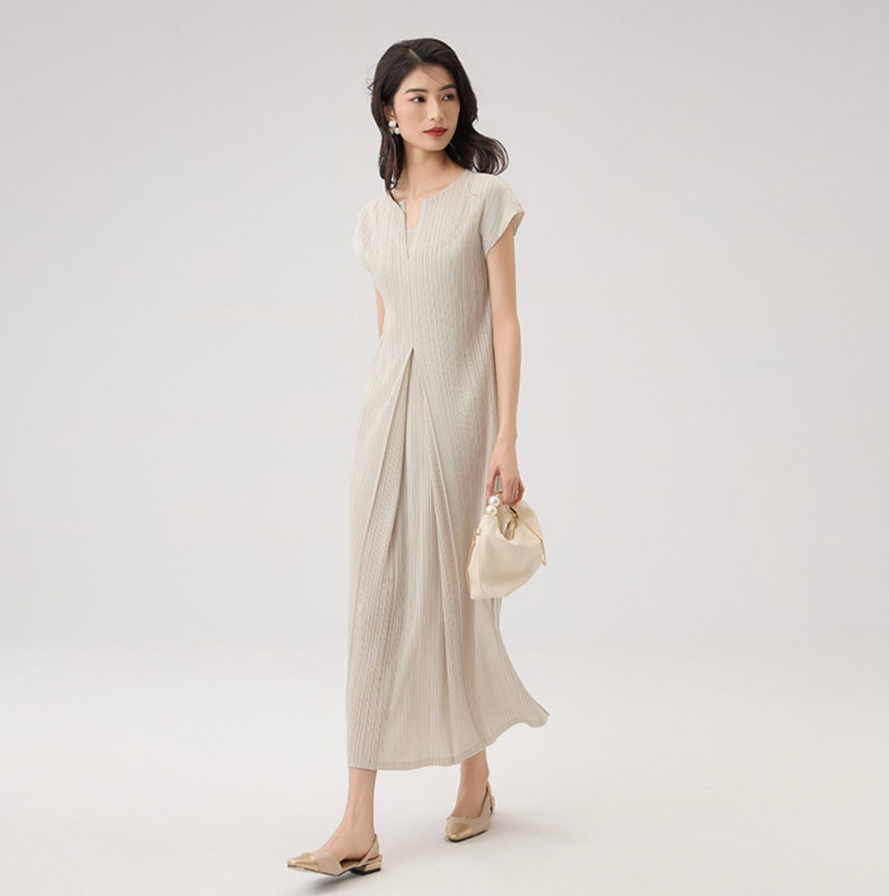 Pleated V-Neck A-Line Midi Dress
