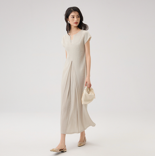 Pleated V-Neck A-Line Midi Dress