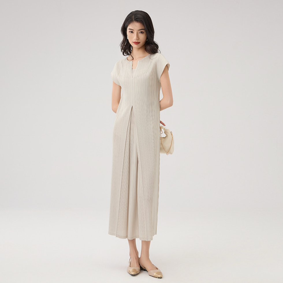 Pleated V-Neck A-Line Midi Dress