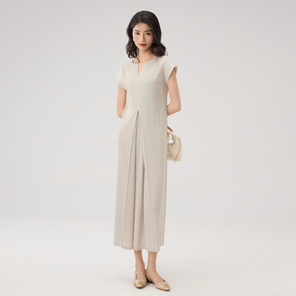 Pleated V-Neck A-Line Midi Dress