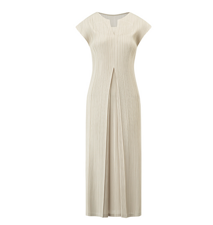 Pleated V-Neck A-Line Midi Dress