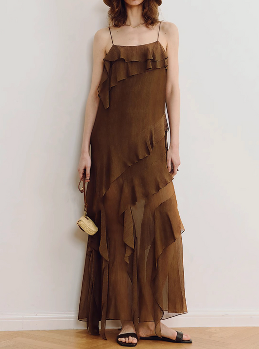 Asymmetric Ruffled Strappy Long Dress