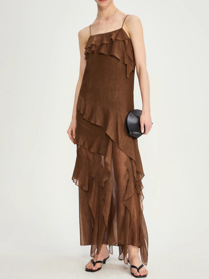 Asymmetric Ruffled Strappy Long Dress