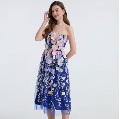 Strapless 3D Floral Embroidered Long Dress