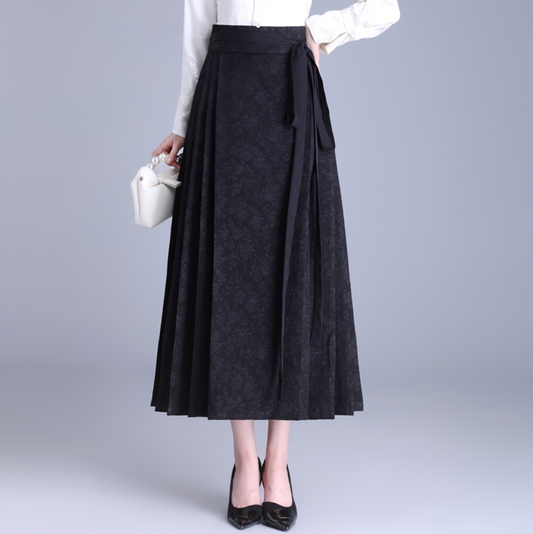 High-Waisted Jacquard Belted Skirt – Elegant A-Line