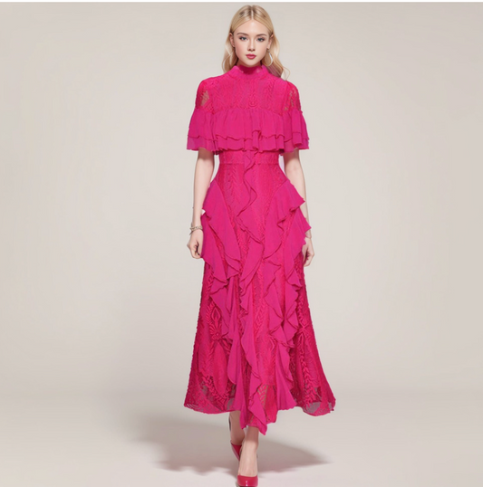 Frilled Short Sleeve Lace-Trim Lotus Dress
