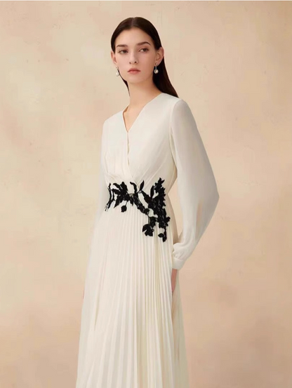 Embroidered Pleated Chiffon Maxi Dress