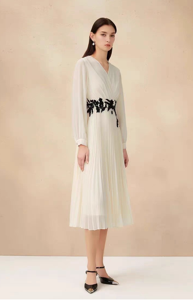 Embroidered Pleated Chiffon Maxi Dress