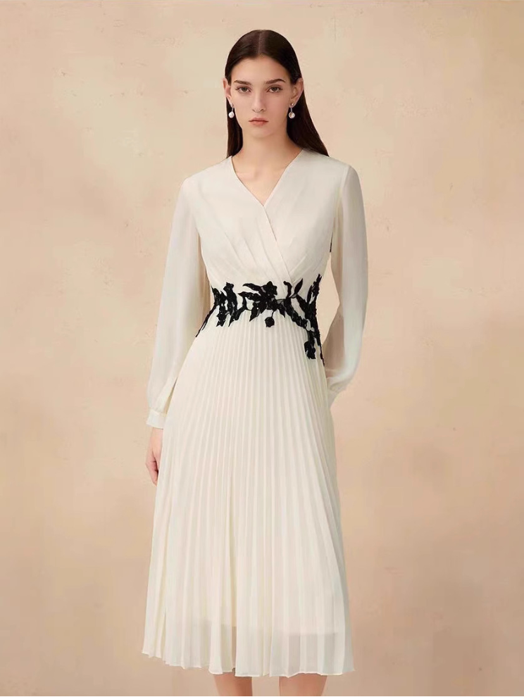 Embroidered Pleated Chiffon Maxi Dress