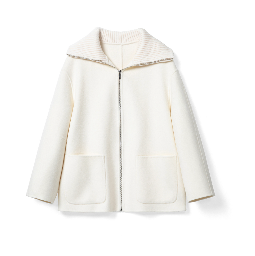 Yün Fermuarlı Stand Yaka Kısa Kaban