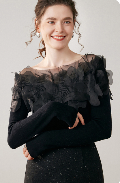 Hand-Embroidered Cashmere Sweater – One-Shoulder Floral & Feather Detail