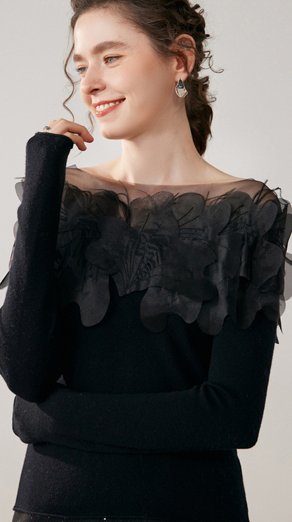 Hand-Embroidered Cashmere Sweater – One-Shoulder Floral & Feather Detail