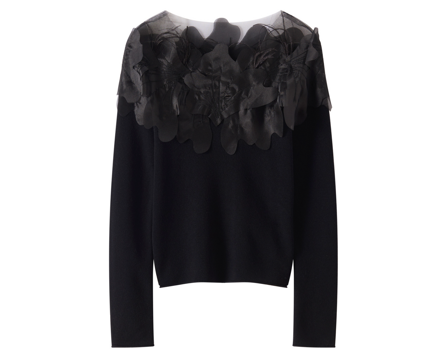 Hand-Embroidered Cashmere Sweater – One-Shoulder Floral & Feather Detail