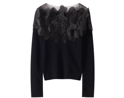 Hand-Embroidered Cashmere Sweater – One-Shoulder Floral & Feather Detail