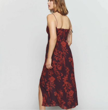 Red Strappy Tie-Waist Slit Midi Dress