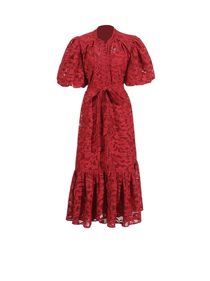 Patchwork Bow-Tie Balloon Sleeve Dress