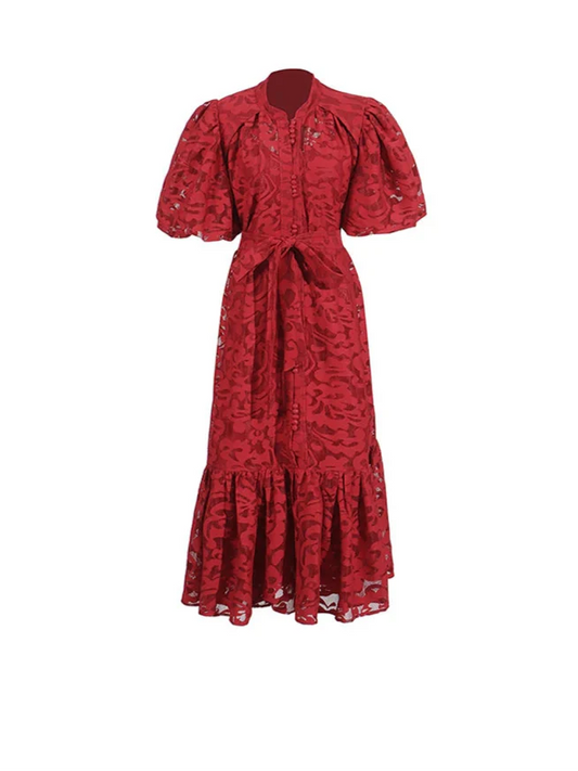 Patchwork Bow-Tie Balloon Sleeve Dress