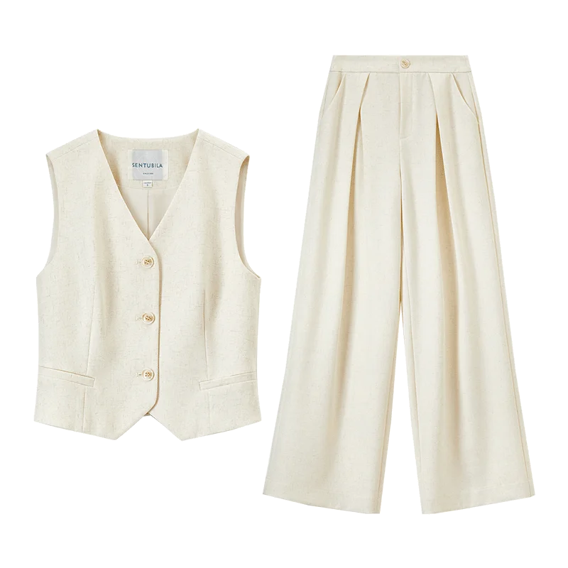 Linen Blend Crop Vest & High-Waist Wide-Leg Pant Set