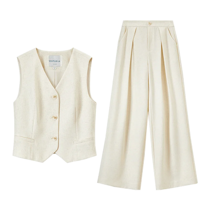 Linen Blend Crop Vest & High-Waist Wide-Leg Pant Set