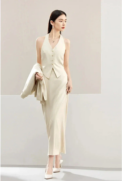3-Piece Blazer Vest & Maxi Skirt Suit Set – Elegant Officewear Ensemble