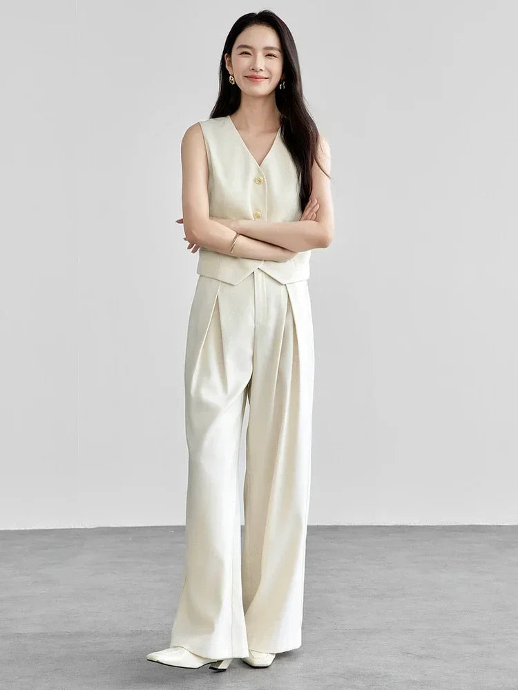 Linen Blend Crop Vest & High-Waist Wide-Leg Pant Set
