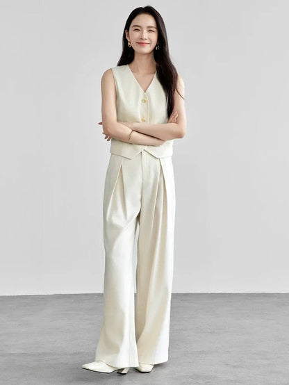 Linen Blend Crop Vest & High-Waist Wide-Leg Pant Set