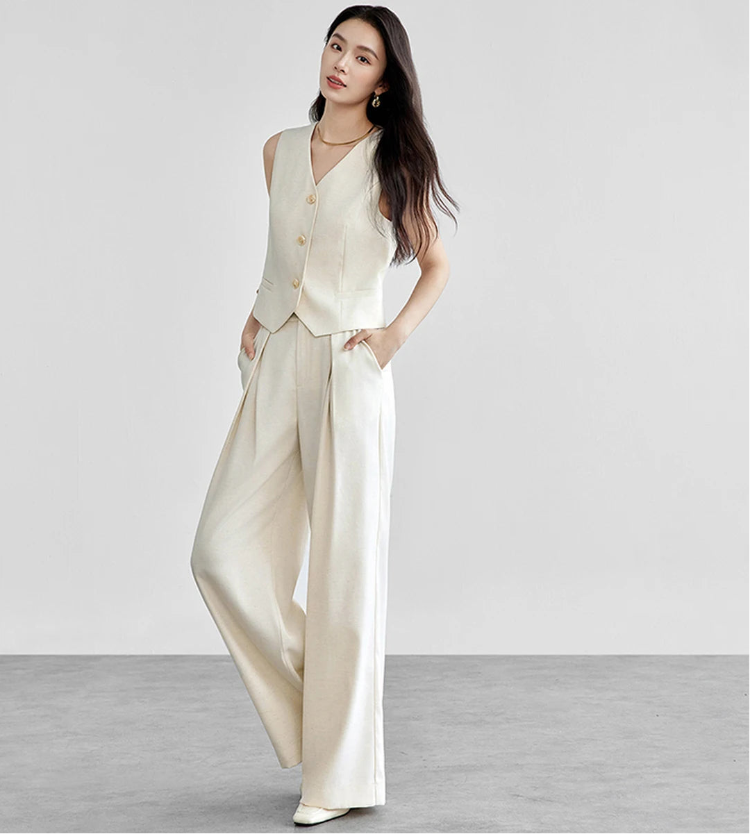 Linen Blend Crop Vest & High-Waist Wide-Leg Pant Set