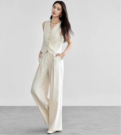 Linen Blend Crop Vest & High-Waist Wide-Leg Pant Set