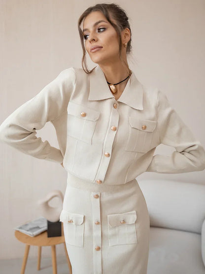 Elegant Knit Cardigan and Skirt Set