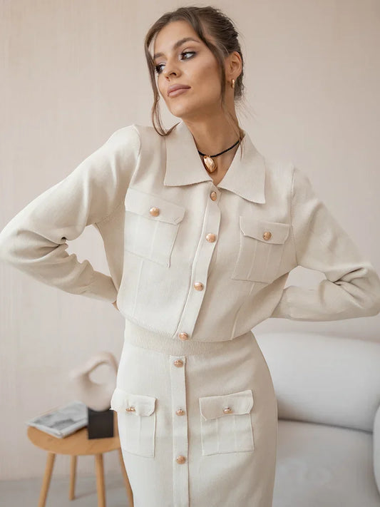 Elegant Knit Cardigan and Skirt Set