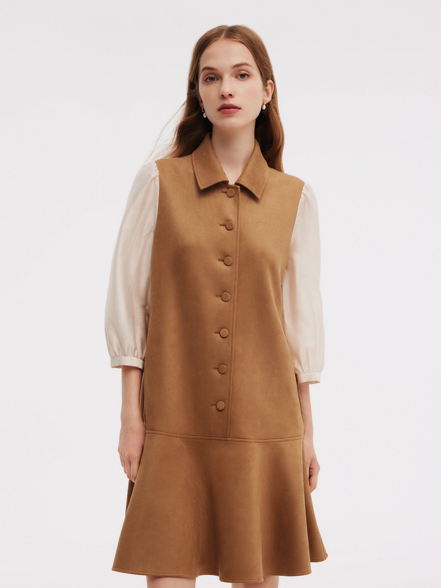 Brown Suede Lace-Spliced Mini Dress – Elegant Autumn Statement