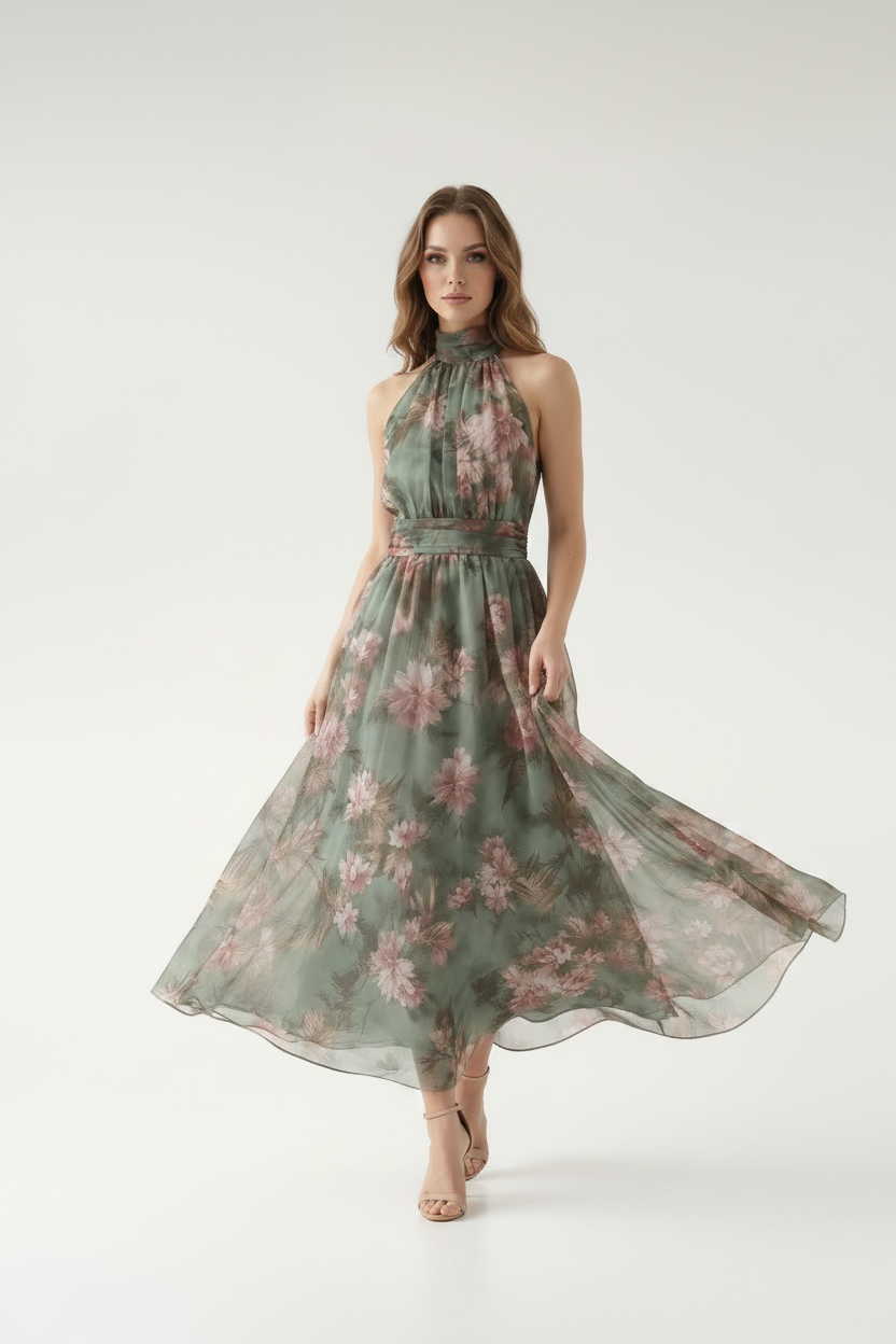 Elara Floral Halter Maxi Dress